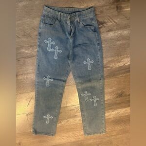 Stylish Blue Jeans with Cross Embroidery